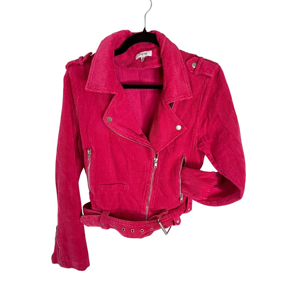 Fate Hot Pink Corduroy Moto Jacket Small Asymmetrical Zip Belted Biker Coat